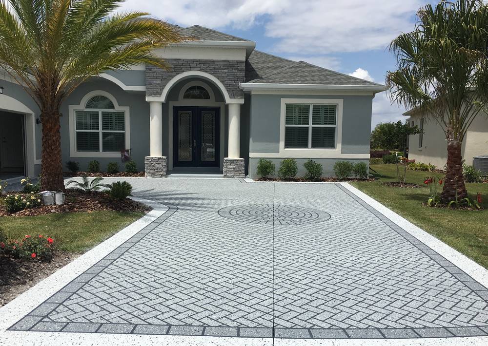 stamped concrete driveway in Coral Gables textured and imprinted by Dade Decorative Concrete pros